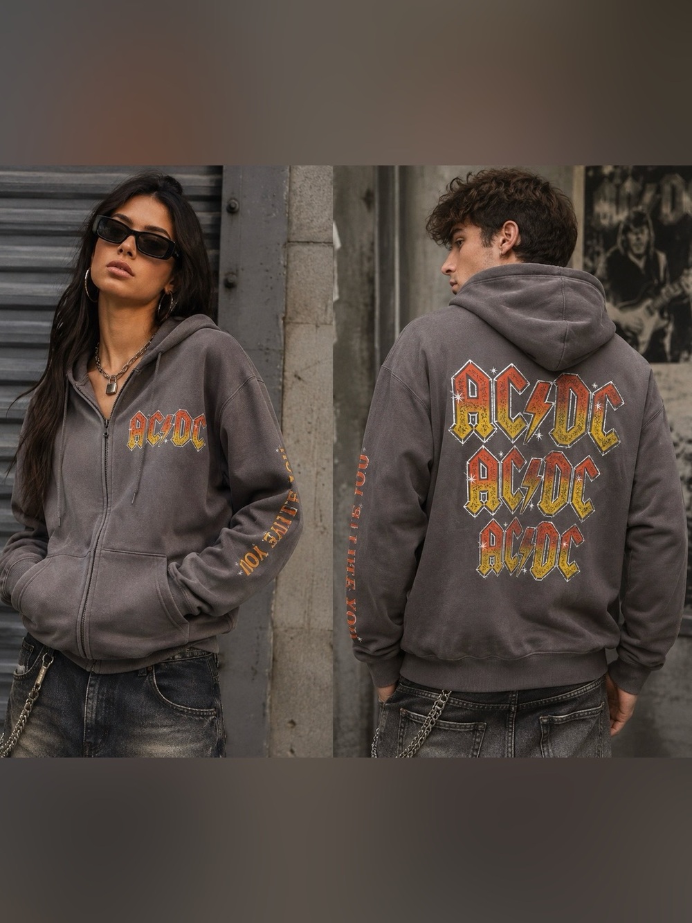 AC/DC Unisex Y2K Gray Streetwear Rocker Heavy Metal Zip up Hoodie Sweater Medium
